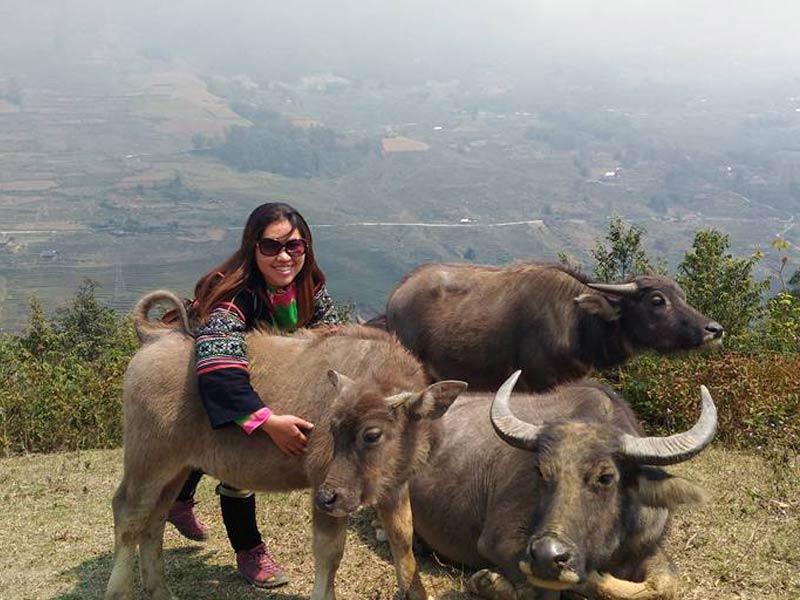 Tour guide Lang posing with buffalos